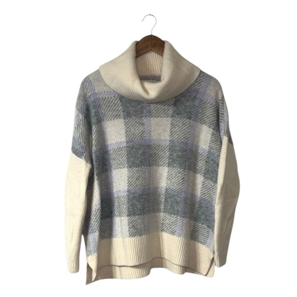 Loft Turtleneck Sweater Cream Purple Plaid Soft Wool Oversized Slouchy Medium